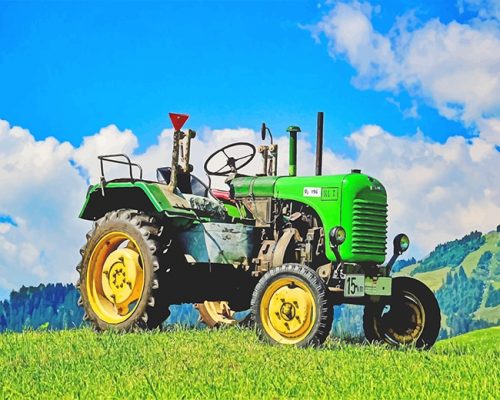 Green Tractor In Field Paint By Numbers