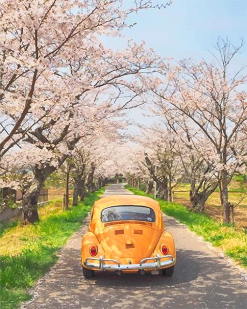 Yellow VW And Cherry Blossom Paint By Numbers