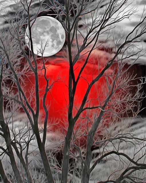 Moon Forest Red Silhouette Paint By Numbers