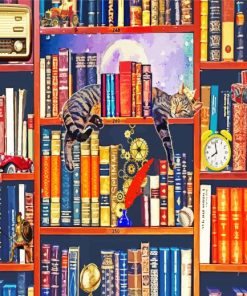 King Cat In Bookshelves Paint By Numbers