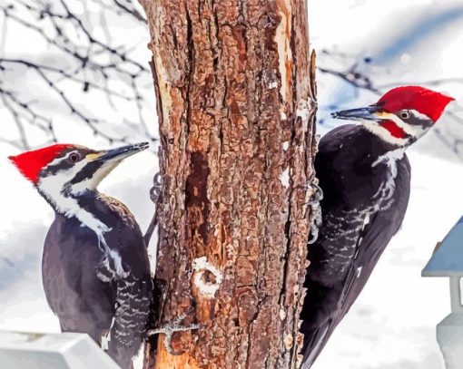 Male And Female Woodpecker In Snow Paint By Number
