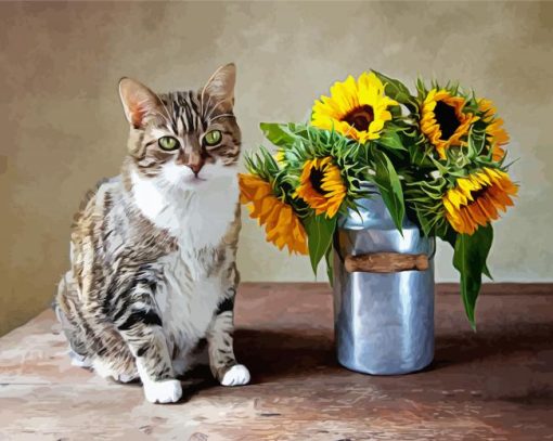 Cat And Sunflowers Bouquet Paint By Numbers