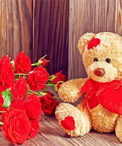 Teddy Bear With Red Flowers Paint By Number