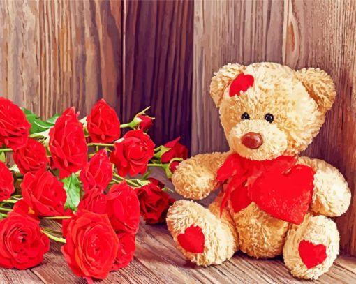 Teddy Bear With Red Flowers Paint By Number