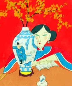 Asian Woman With Flower In Vase Art Paint By Numbers