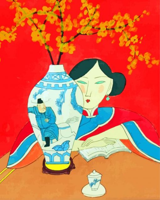 Asian Woman With Flower In Vase Art Paint By Numbers