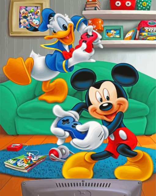 Mickey Mouse And Donald Duck Playing Video Game Paint By Numbers