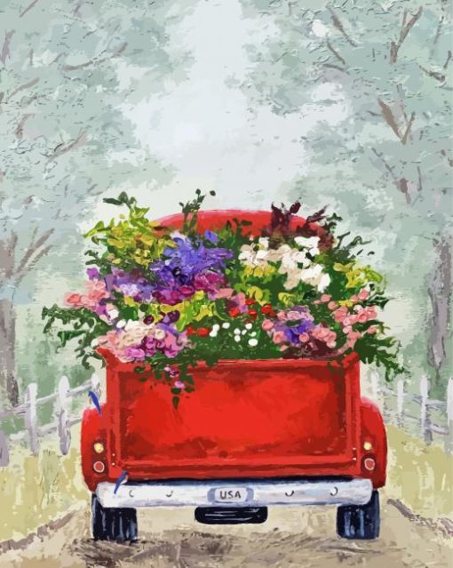 Red Truck With Flowers Paint By Numbers