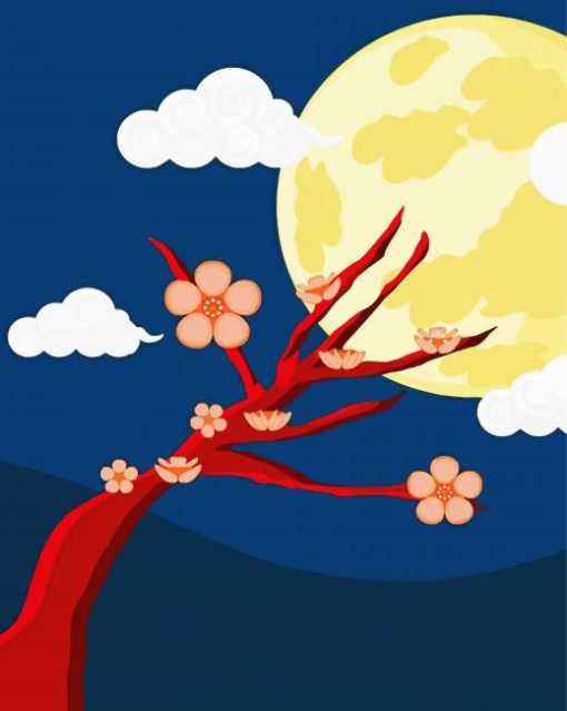 Illustration Moon Sakura Tree Paint By Numbers