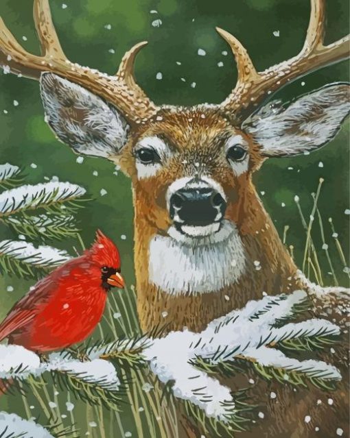 Snow Cardinal Deer Paint By Numbers