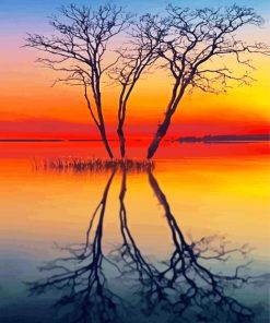 Tree In Lake At Sunset Paint By Number