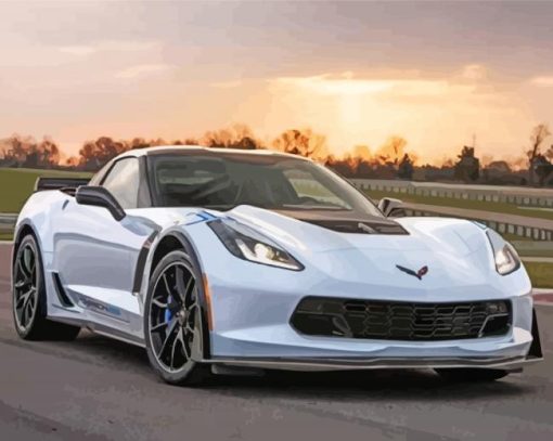 White Corvette Z06 With Sunset Paint By Numbers