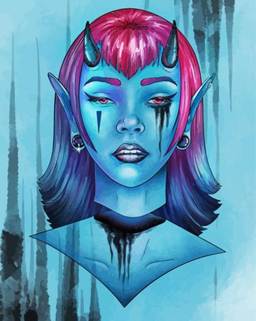 Demon Blue Girl Head Paint By Numbers