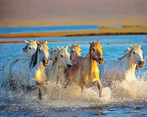 Flock Of Horses In River Paint By Numbers