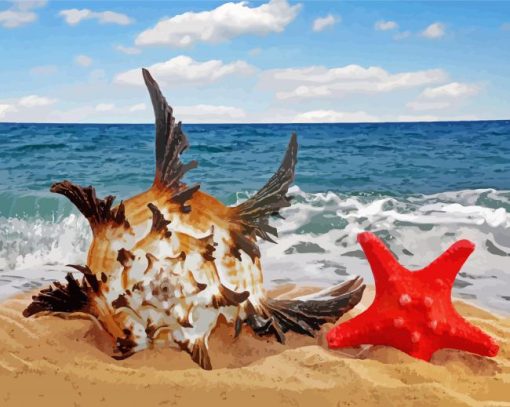 Red Starfish And Seashells On Beacha Paint By Numbers