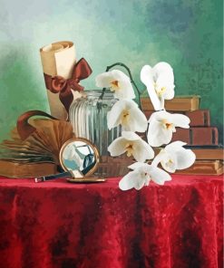 White Flower Vase And Old Books Paint By Numbers