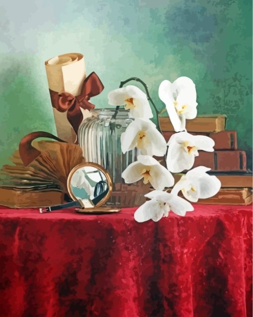 White Flower Vase And Old Books Paint By Numbers