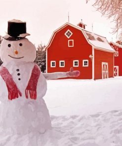 Aesthetic Winter Snowman On A Red Farm Barn Paint By Numbers