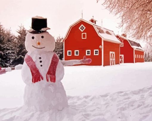 Aesthetic Winter Snowman On A Red Farm Barn Paint By Numbers