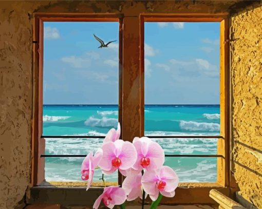 Aesthetic Flowers In Window By Sea Paint By Numbers