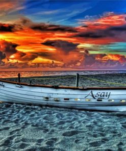 Beach With Row Boat Sunset View Paint By Numbers