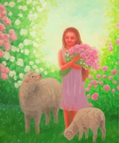 Girl With Flower And Sheep Paint by Numbers