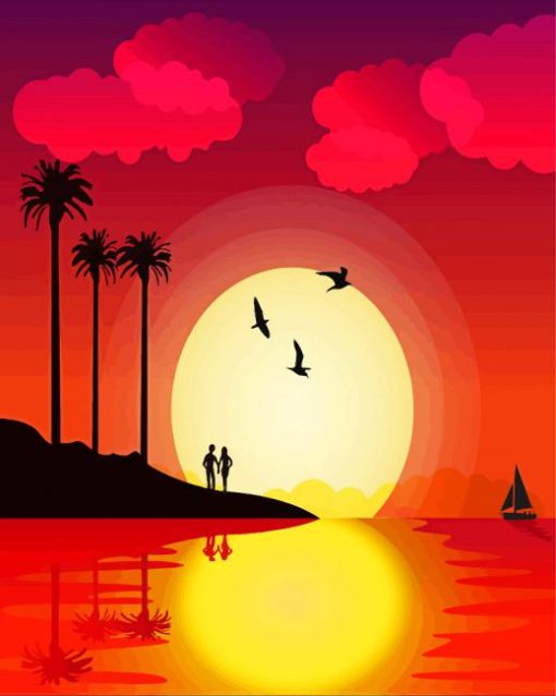Sunset With A Boat Illustration Art Paint by Numbers