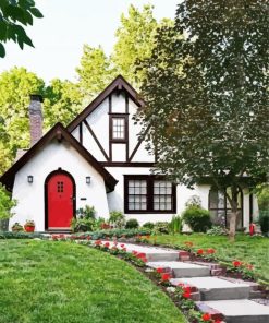 Tudor Revival Bright Red Door Paint By Numbers