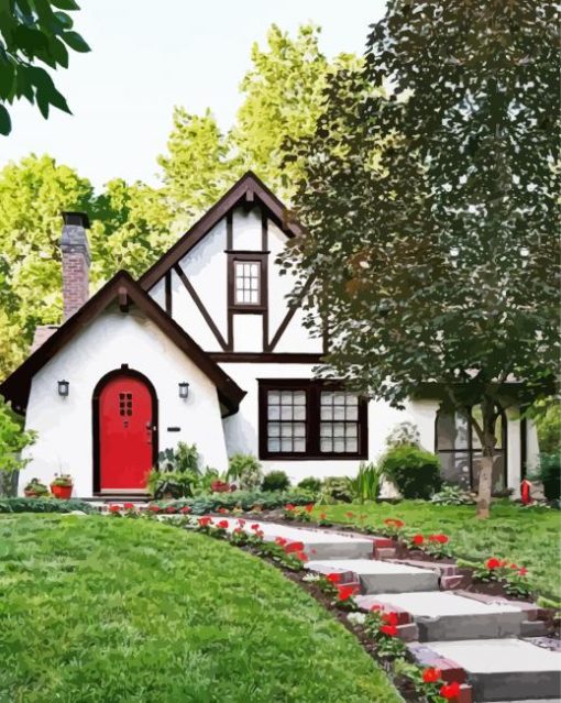 Tudor Revival Bright Red Door Paint By Numbers