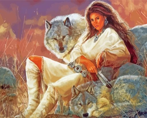 Pretty Native Indian Woman With Wolf Paint By Numbers