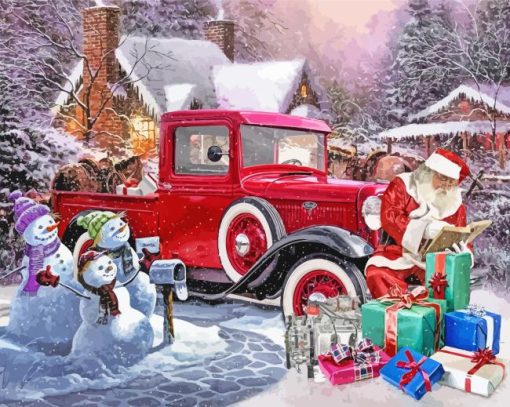 Christmas With Red Truck And Santa Claus Paint By Numbers