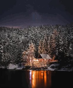 Lake Cabin At Night Paint By Numbers