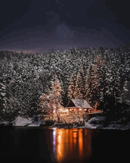 Lake Cabin At Night Paint By Numbers