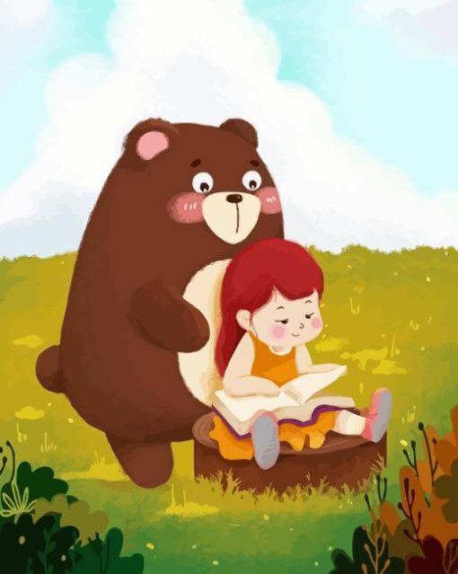 Cartoon Girl With The Bear Reading Book Paint By Numbers
