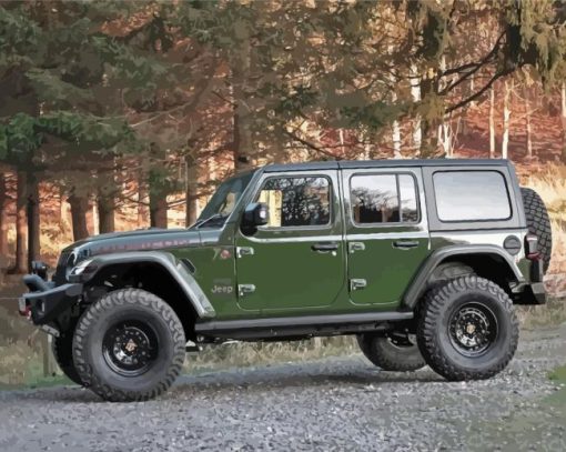 Dark Green Jeep In The Forest Paint By Numbers