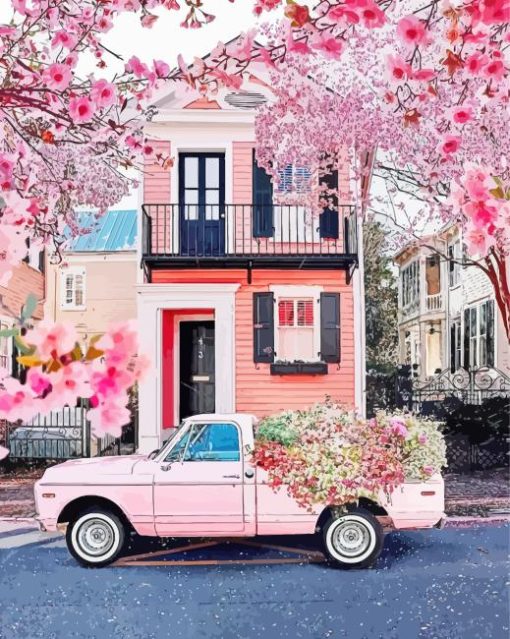 Pink Flower Truck And Pink House Paint By Numbers