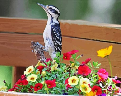 Spring Flowers Downy Woodpecker Bird Paint By Numbers
