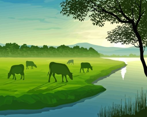 Cows Grazing In Field Illustration Paint By Numbers