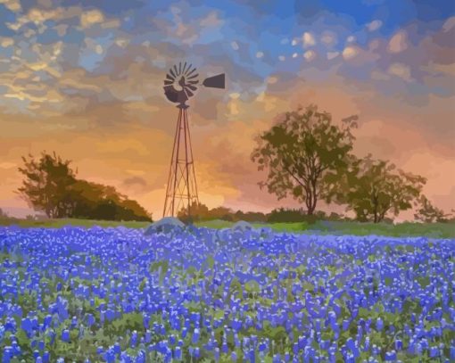 Texas Bluebonnet With Windmill Paint By Numbers
