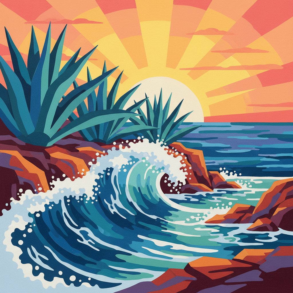 Agave Above Crashing Waves Paint By Numbers Kit completed