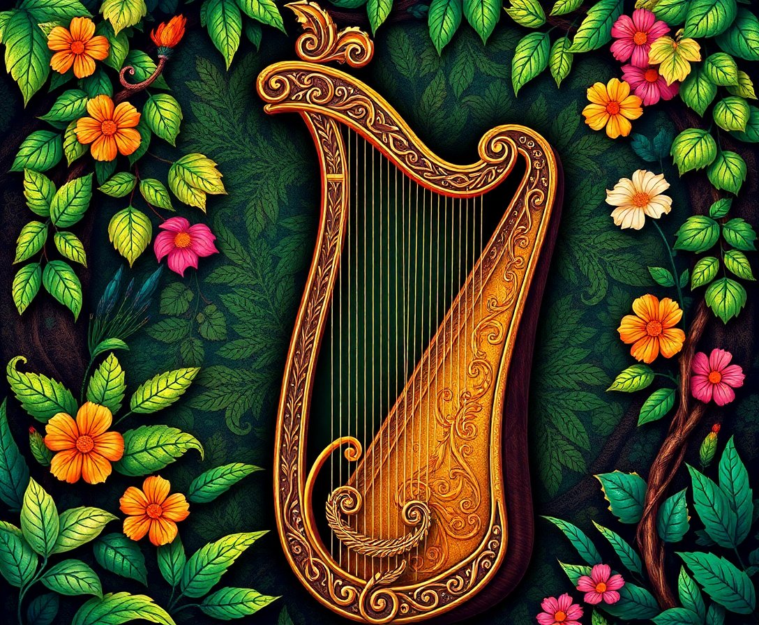 Antique Gilded Jungle Harp Paint By Numbers Kit - Celtic Art completed