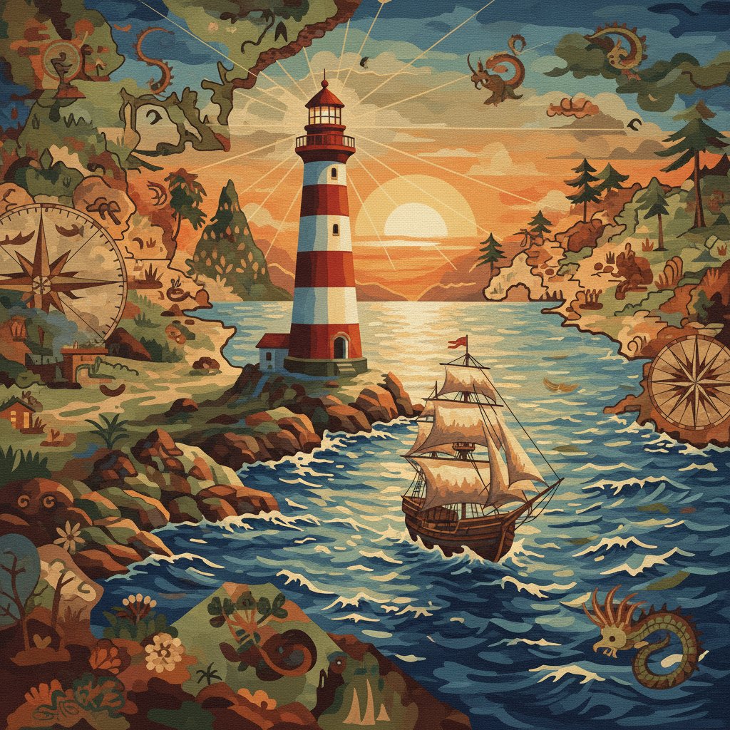 Antique Map Lighthouse View Paint By Numbers Kit - Vintage completed