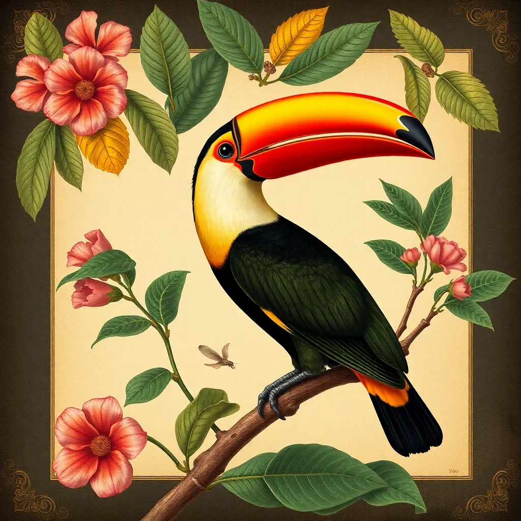 completed artwork display Antique Toucan Botanical Study paint by numbers