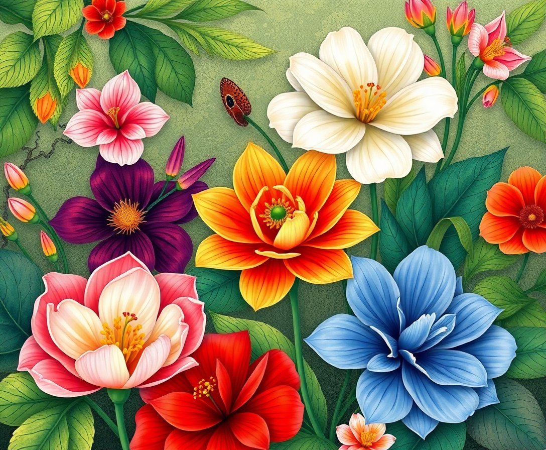 Art Nouveau Exotic Blooms Paint By Numbers Kit - Floral Art completed