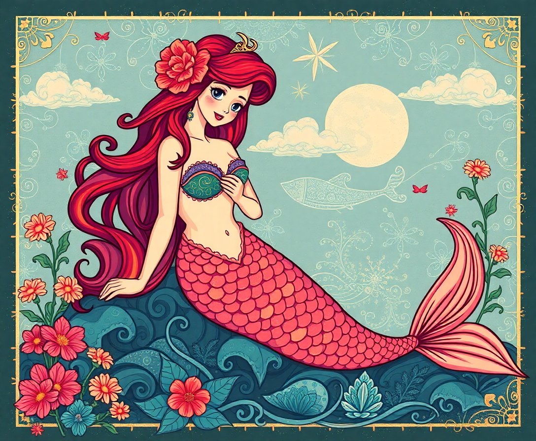 Basking Island Mermaid Paint By Numbers Kit - Vintage Art completed