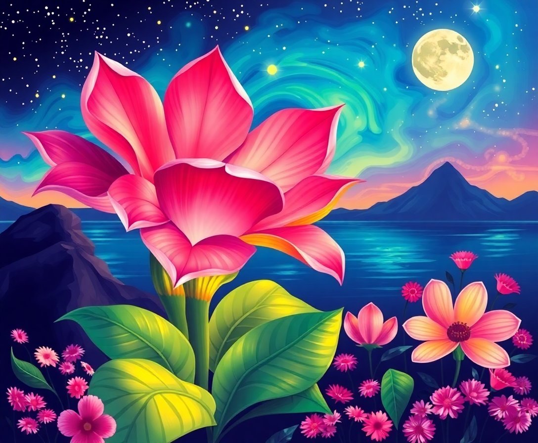 Boreal Night Island Flower Paint By Numbers - Glowing Art Kit completed