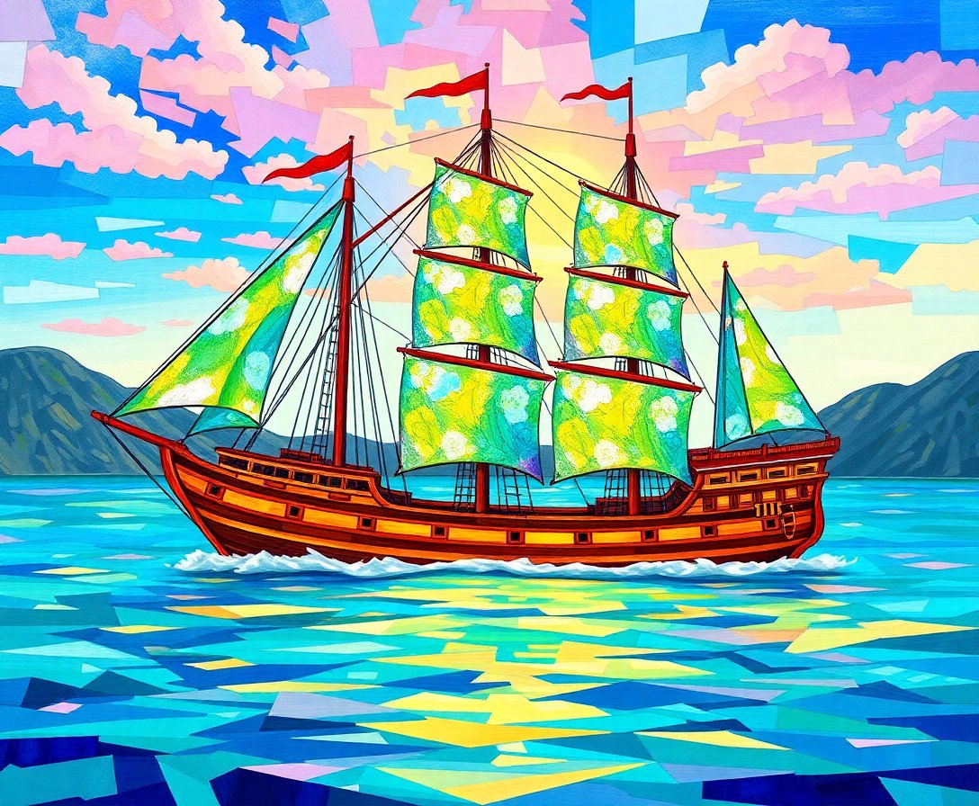 Charted Tropic Glass Ship Paint By Numbers Kit completed