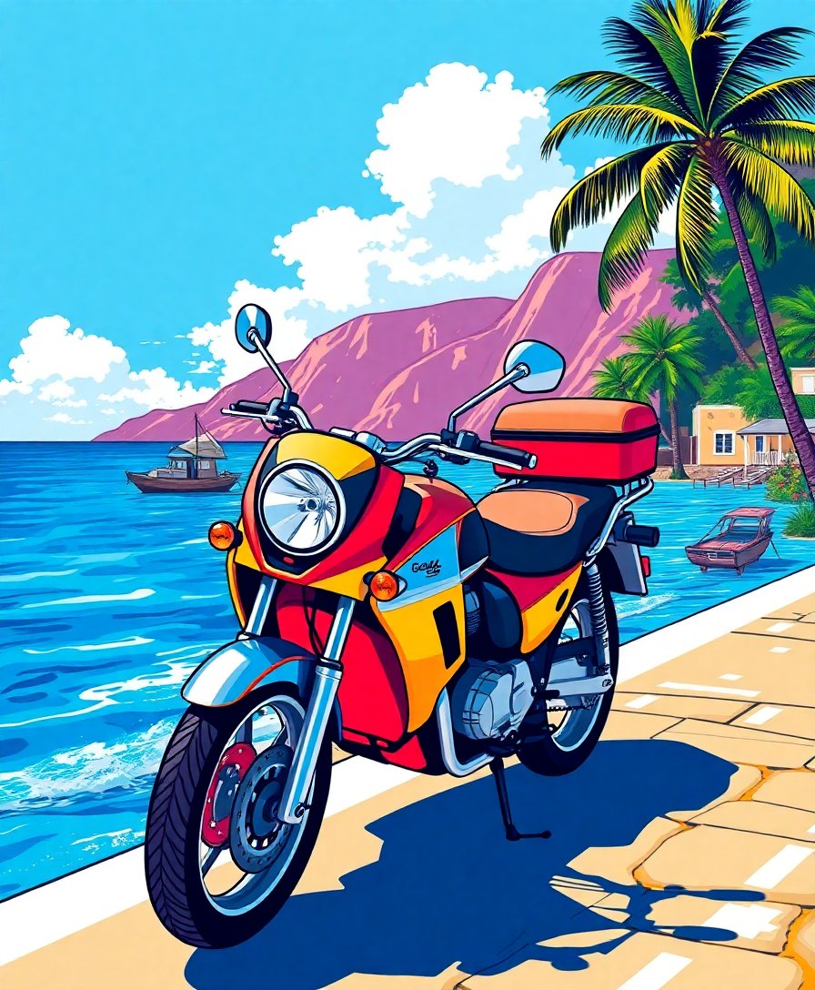 Coastal Motorbike Vacation Ad Paint By Numbers Kit - Vintage completed