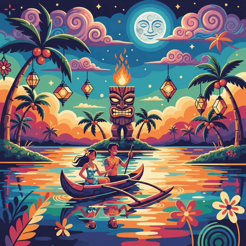 Couples Gliding Tiki Nights Paint By Numbers Kit completed