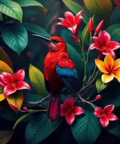 Crimson Sunbird Tropical Bloom Paint By Numbers